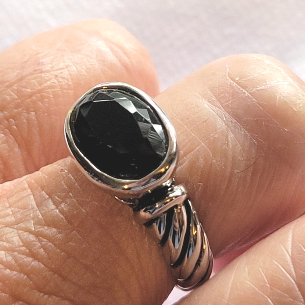Silver and Black Stone Ring With Braided Band